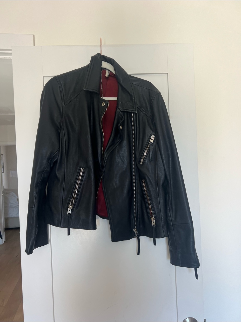 Topshop Black Leather Moto Jacket with Burgundy Lining